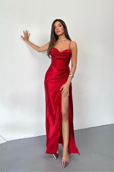 İyem Abiye Örme Saten Sırt Bağcık Ve Askılı Abiye Elbise Dar Kalıp