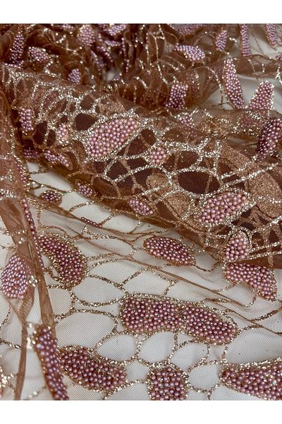 zeinapp Laser Cut Pearl and Glitter Detailed Mixed Pattern Copper Pink Tulle Runner 60X90