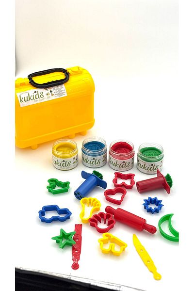 kukids play dough 100% Natural(Organic) 4 Colors(4X130Gr) Play Dough Bag 22X20Cm 15 Pieces Shapers Moulds