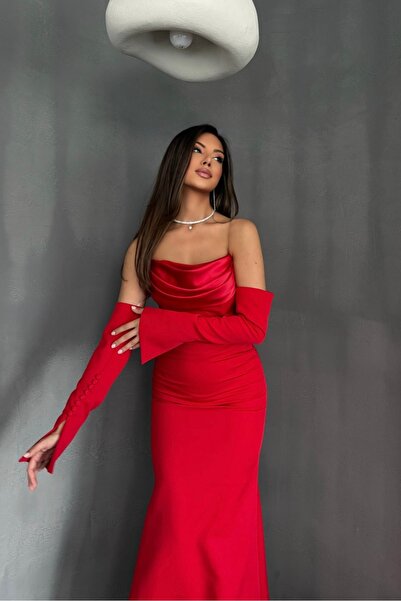 İyem Abiye Krep Kol Detaylı Düz Abiye Elbise Dar Kalıp