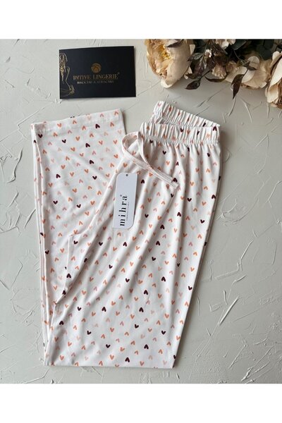 İntive Lingerie Intive Pink/Salmon Small Heart Patterned Light Beige Elastic Waist Milan Pajama Bottoms