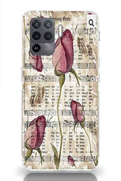 moonset Oppo Reno 5 Lite Uyumlu Çiçek ve Notalar Tasarımlı Baskılı Şeffaf Tel...