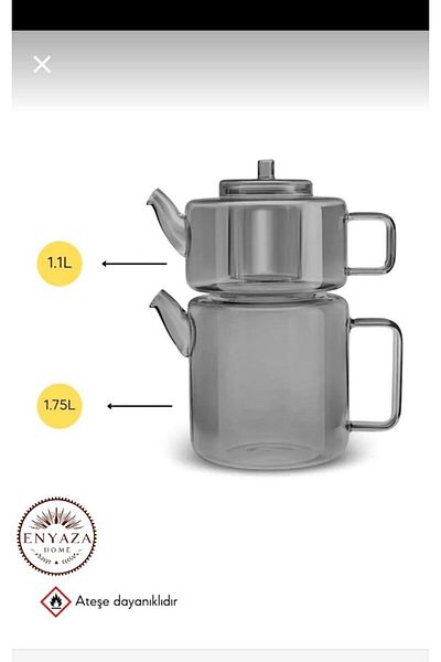 ENYAZA(2024) Borosilicate Glass Teapot Set Smoked''1100 Ml-1800 ml'' Fume