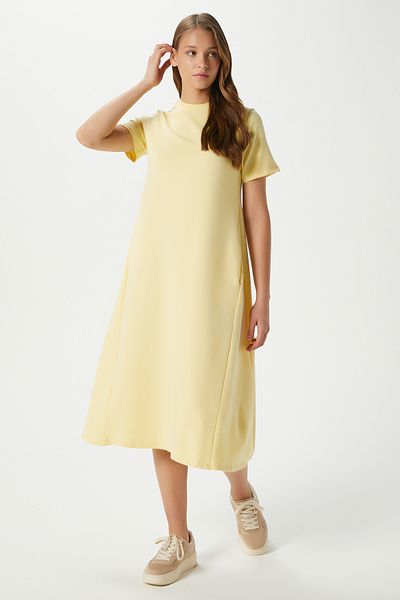 Ritnice Women's Hanna Pocket Bell Cut Yellow Combed Cotton Summer Dress 14266