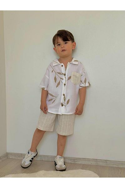 Bebeelkids Boy's Leaf Patterned Shorts Suit Cream