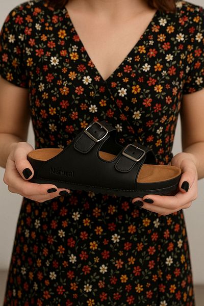 GEZER Black Women's Leather Double Banded Anatomical Slippers