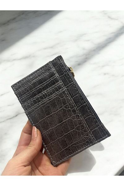 zauram Crocodile Patterned Zipper Detailed Gray Card Holder