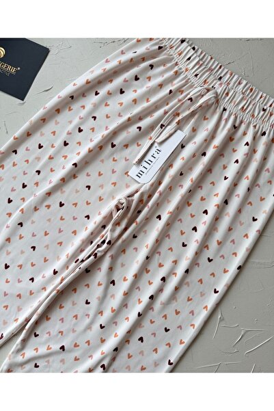 İntive Lingerie Intive Pink/Salmon Small Heart Patterned Light Beige Elastic Waist Milan Pajama Bottoms
