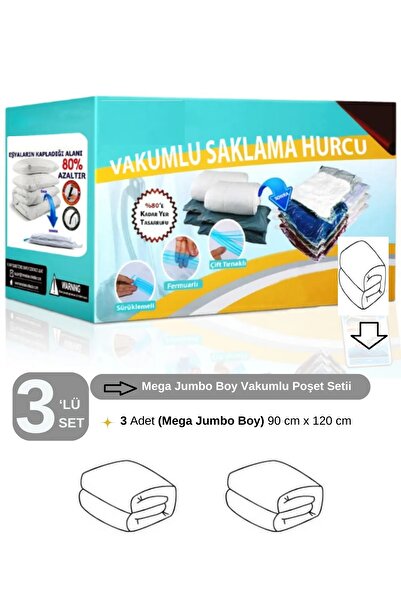 Vakum Hurcu (3 ADET) Vakumlu Poşet Seti 90 Cm X 120 Cm (MEGA JUMBO BOY) Çift Kişilik Yorgan Vakumlu Hurç