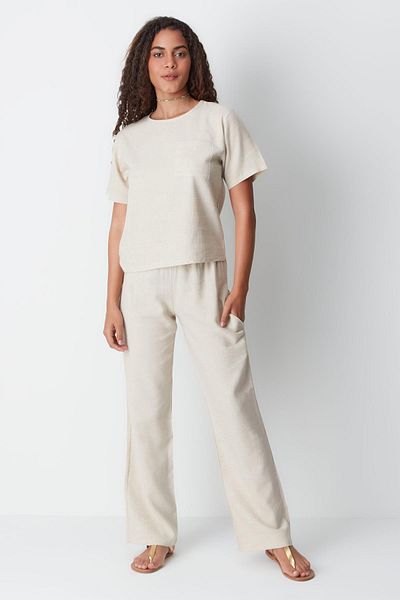 C&City Beige Linen Short Sleeve T-Shirt Set - 9161