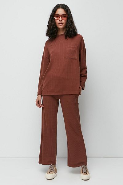 C&City Ribbed Pocket T-shirt Flared Leg Trousers Set 9132 Brown