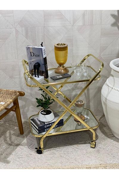private house Taiwanese gold stainless steel tea trolley, clear glass top, mirror bottom
