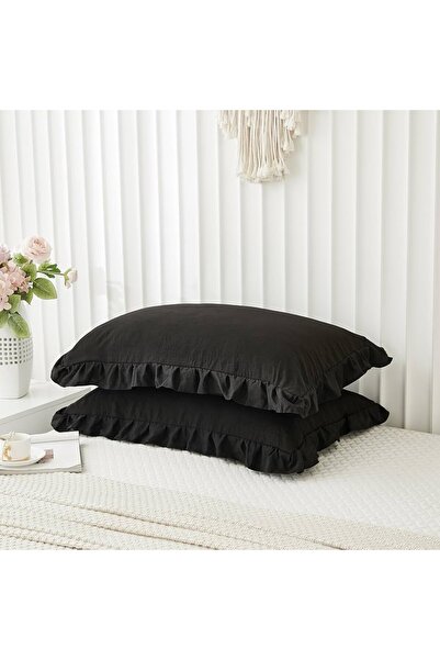 Sister Home Design Yatak Runner & İç Dolgulu Kırlent Seti Çift Kişilik Fırfırlı Siyah