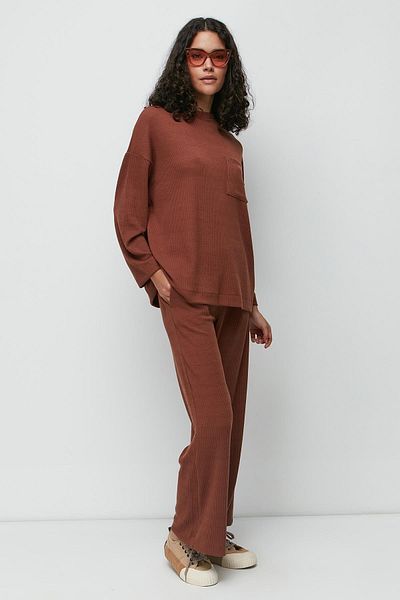 C&City Ribbed Pocket T-shirt Flared Leg Trousers Set 9132 Brown