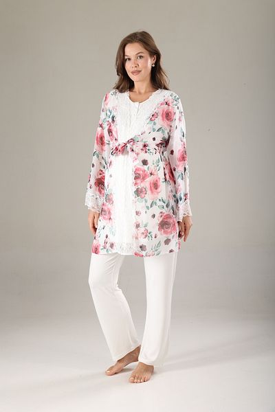 Lohussa Claret Red Floral Sifon Dressing Gown Special Design Summer Cotton Maternity Maternity Dressing Gown Pajama Set Set of 3