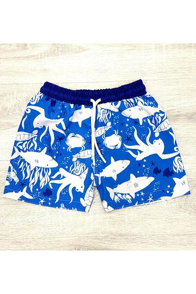 yenteks Costum de baie alb cu model Shark, mărime standard, cu buzunare, pantaloni scurți de baie pentru băieți