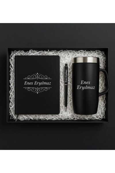 Bk Gift Kişiye Özel Siyah Kalem&Termos Mug&Kalem Hediye Seti-1, Arkadaşa Hedi...