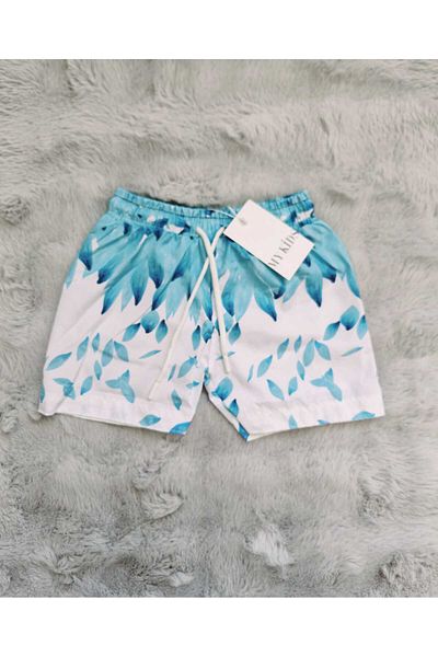 yenteks Costum de baie de bază cu model de frunze turcoaz, cu buzunare, pantaloni scurți de baie pentru băiat