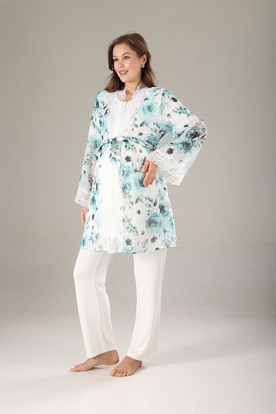 Lohussa Water Green Floral Dressing Gown Special Design Summer Cotton Maternity Maternity Dressing Gown Pajama Set Set of 3
