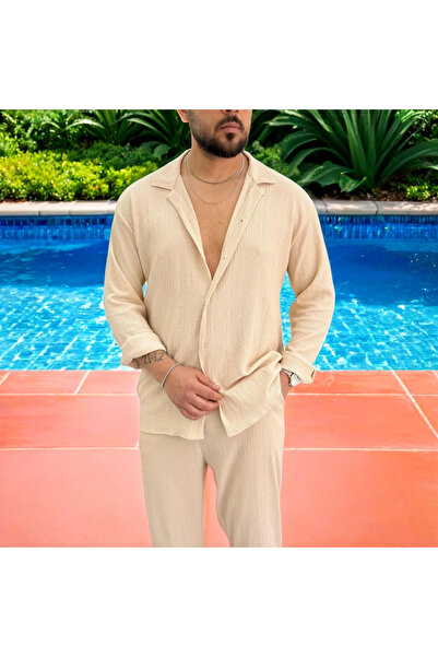 Fifty Color Men's Wrinkled Crinkle Fabric Summer Lycra Apaj Collar Shirt and Sweatpants Suit Combination