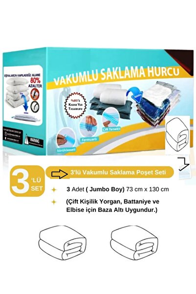 Vakum Hurcu (3 Adet) 73cm X 130 Cm Vakumlu Poşet- Vakumlu Hurç - Vakumlu Poşe...