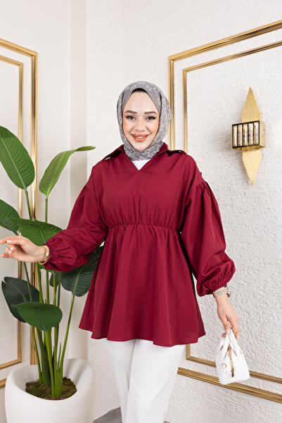 Eliva Kadın Gömlek Bordo Saten Belden Lastikli Tesettür Gömlek