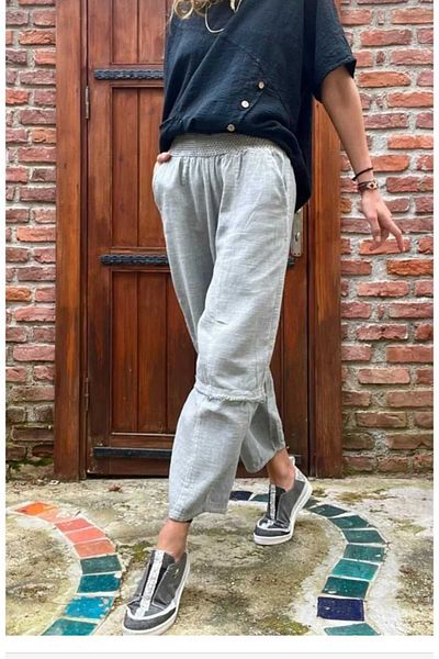 pier moda Women's Gray Elastic Waist Linen - Washed Loose Baggy Trousers with Pockets