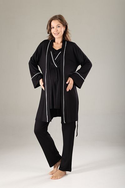 Lohussa Black Piping Special Design Summer Cotton Maternity Maternity Dressing Gown Pajama Set Set of 3