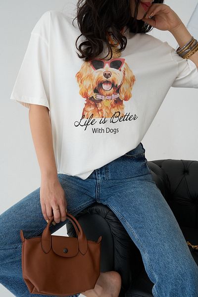 LOOSH Women's Crew Neck Dog Printed Oversize T-Shirt