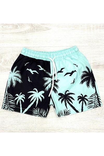 yenteks Costum de baie de bază cu model de palmier turcoaz, cu buzunare, pantaloni scurți de baie pentru băiat