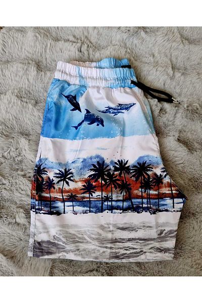 yenteks Costum de baie de bază cu model de rechin și palmier, cu buzunare, pantaloni scurți de baie pentru băiat