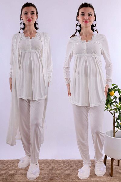 ByLohusa Effortt Ecru Long Dressing Gown Maternity Maternity Pajama Set Byl 224072
