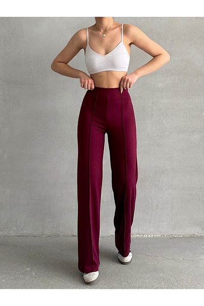 BEJNA Women's Burgundy High Waist Ribbed Modal Pants