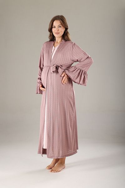 Lohussa Dried Rose Jacquard Textured Special Design Full Length 100% Cotton Summer Maternity Maternity Dressing Gown Nightgown Set