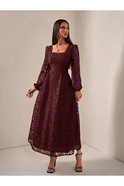 mass fashion Kadın Kare Yaka Dantel Detaylı Uzun Elbise -