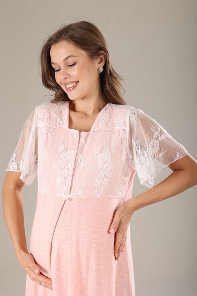 Lohussa Pink Melange Lace Special Design Full Length 100% Cotton Summer Maternity Maternity Dressing Gown Nightgown Set