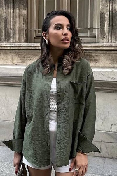 Ded COLLECTION Kadın Krinkıl Pamuklu Kumaş Rahat Kesim Uzun Kol Gömlek