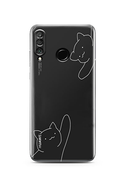 moonset Huawei P30 Lite Uyumlu Kediler Tasarımlı Baskılı Şeffaf Telefon Kılıfı