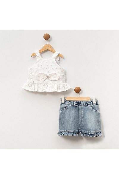 Marka Girl's 1-4 Years Old Denim Shorts with Fisto Straps Double Set