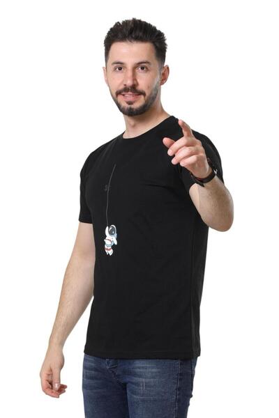 GEZEGENX %100 Pamuk Regular Fit Bisiklet Yaka Basic Düz Kısa Kollu Tişört Astronot Baskılı