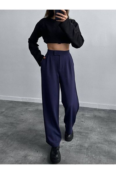 Melike Bakar Boutique High Waist Velcro Smoked Pipe Leg Full Length Lycra Comfortable Fit Plazzo Fabric Trousers
