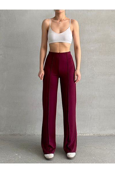 BEJNA Women's Burgundy High Waist Ribbed Modal Pants