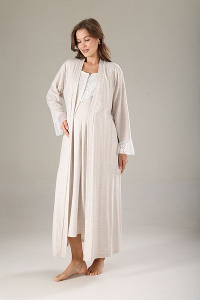Lohussa Beige Melange Lace Special Design Full Length 100% Cotton Summer Maternity Maternity Dressing Gown Nightgown Set