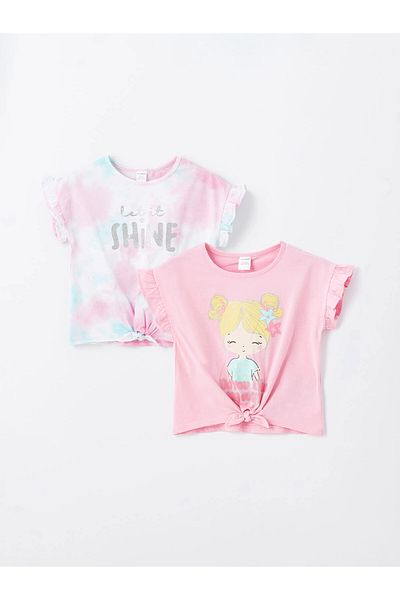 LC Waikiki Lcw Kids Pink Crew Neck Printed Short Sleeve Baby Girl T-Shirt Pack of 2