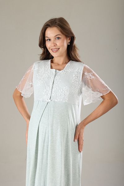 Lohussa Green Melange Lace Special Design Full Length 100% Cotton Summer Maternity Maternity Dressing Gown Nightgown Set