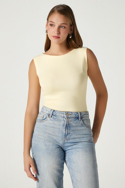 Ritnice Women's Nova Boat Neck Lux Touch Soft Texture Sleeveless Butter Yellow Blouse