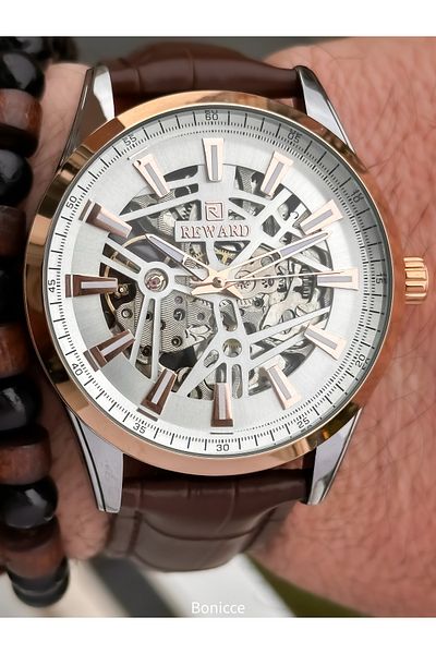 Reward Brown Leather Cord, Auto (Without Battery), 5 Atm, Men's Wristwatch Bracelet in Stylish Box Gift