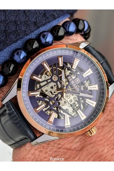 Reward Navy Leather Cord, Auto (Without Battery), 5 Atm, Men's Wristwatch Bracelet in Stylish Box Gift
