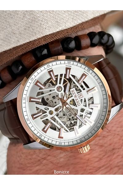Reward Brown Leather Cord, Auto (Without Battery), 5 Atm, Men's Wristwatch Bracelet in Stylish Box Gift