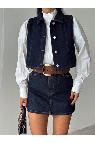 Melike Bakar Boutique Buttoned Denim Vest Skirt Set